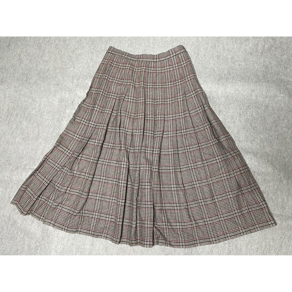 Pendleton Petite 100% Virgin Wool Plaid Pleated Midi Skirt Tan Red Black Size 6